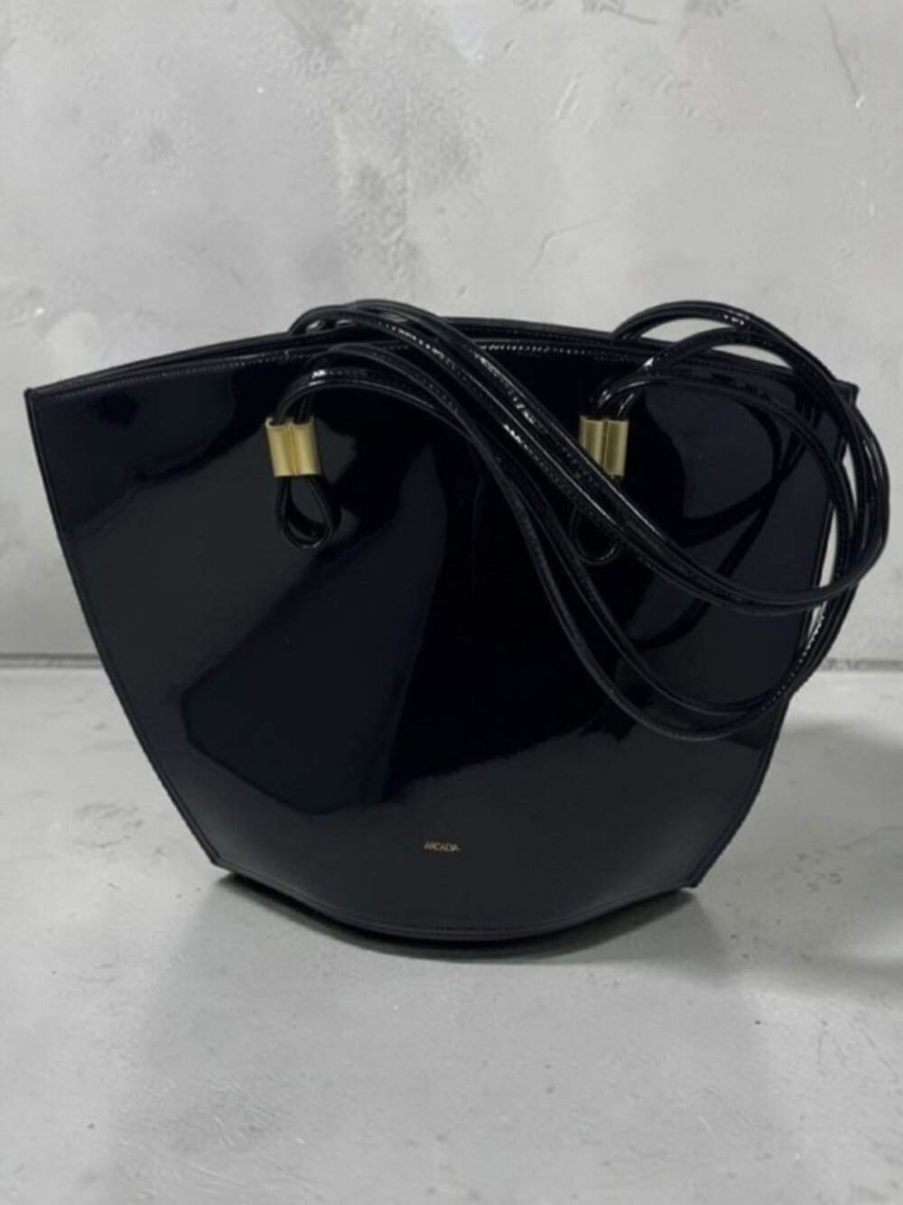 Arcadia Italy Black Patent Tote Bag with Gold Accents